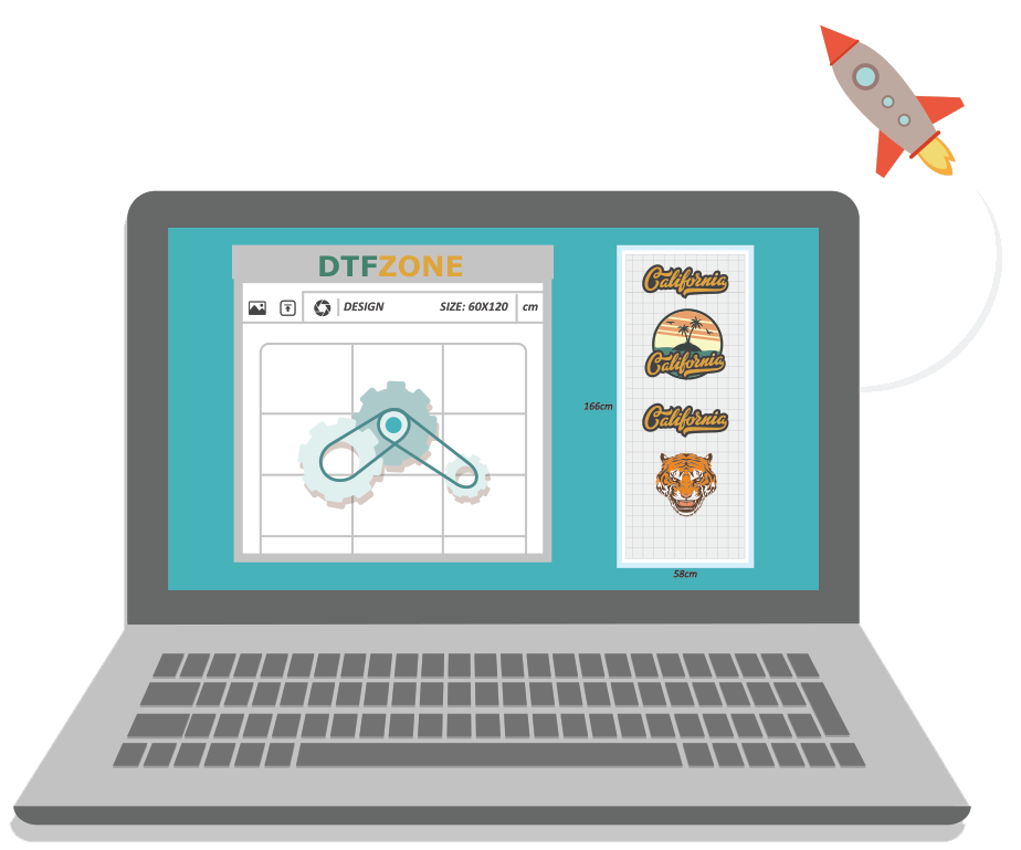 The DTFZONE gang sheet builder on a laptop